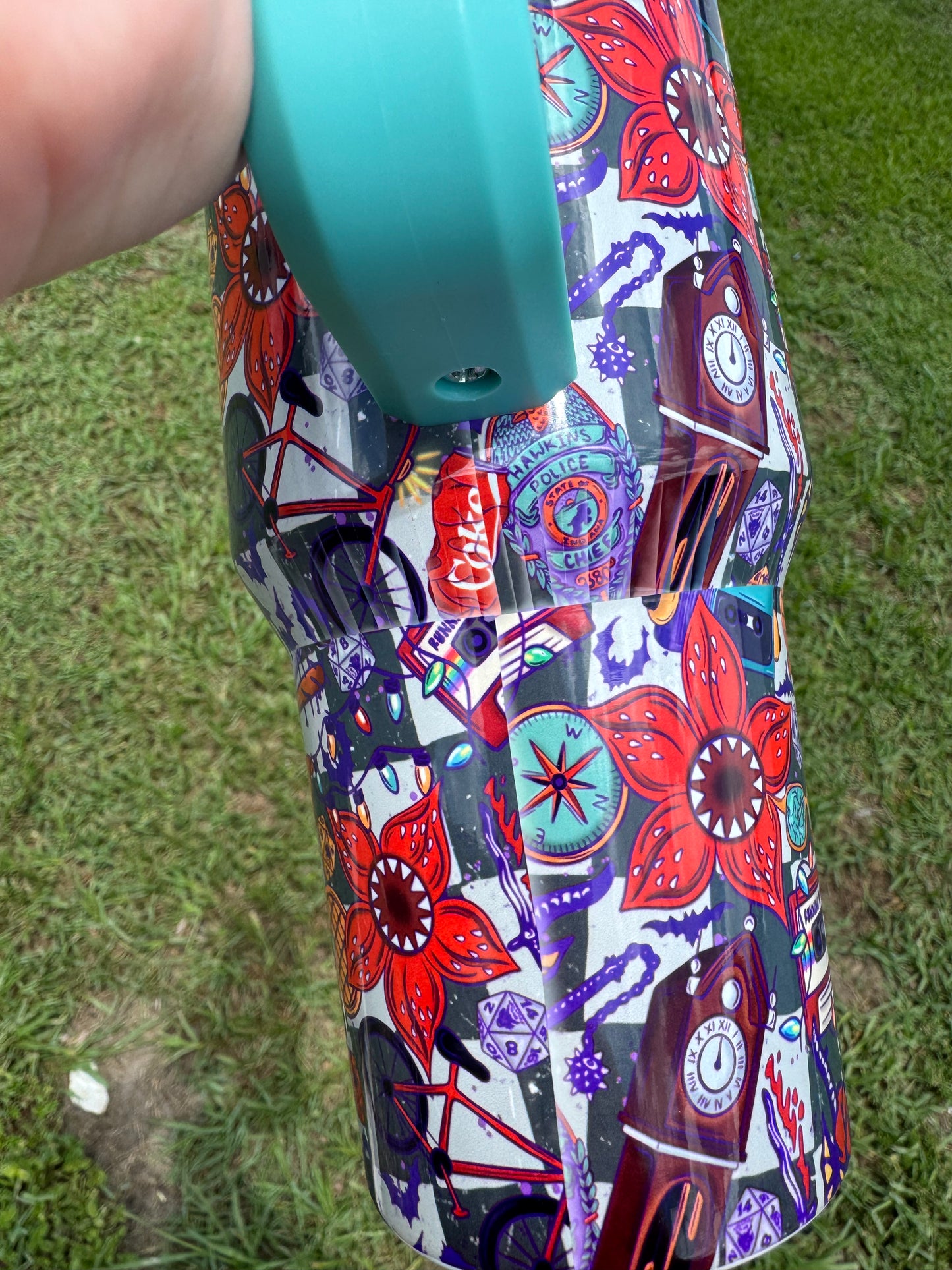 *FLAWED*Checkered Stranger 40 Oz Tumbler (TEAL HANDLE)